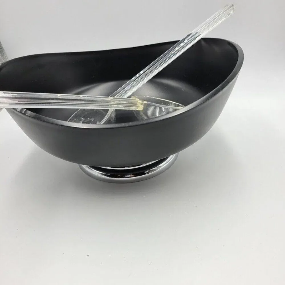 Vtg MCM Lacquerware Black Salad Bowl Plastic Silver Pedestal Base Spoon Fork